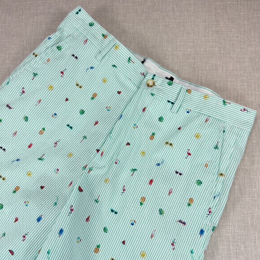 Haspel Seersucker Shorts Mens 32 Green White Striped Tropical Flamingo EUC